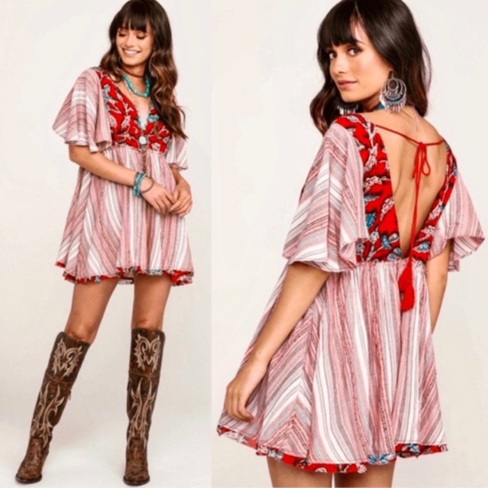 Red Striped V-Neck Boho Mini Dress
